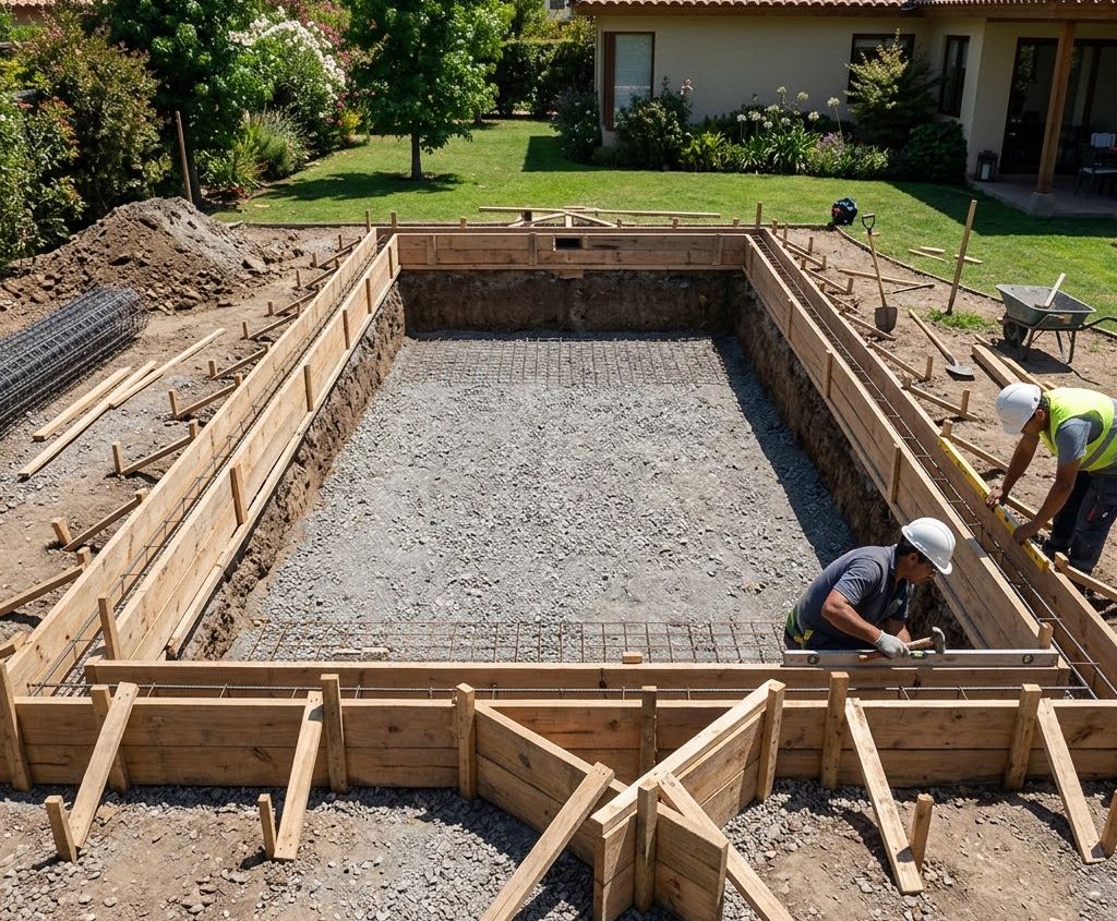 Preparación del terreno y encofrado perimetral de la piscina en Madrid